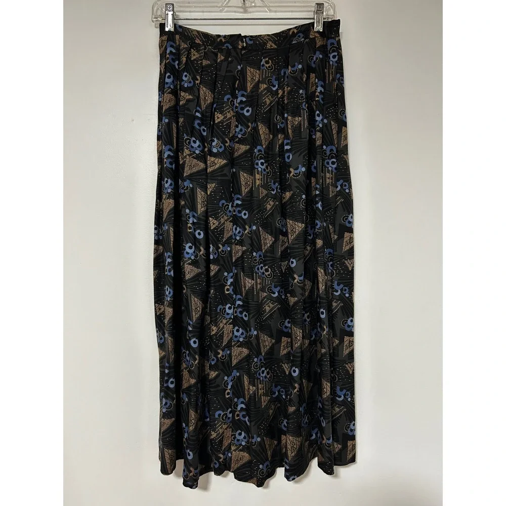 Vintage 80s ILGWU Geometric Print Skirt Set Blue Black Rayon Midi Made in USA